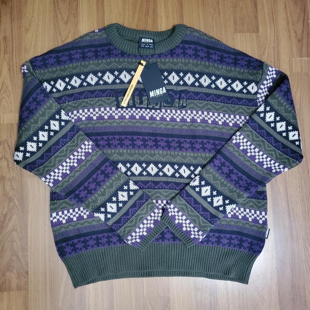 Minga London Women's Green and Purple Fair Isle Crew Neck Sweater Medium